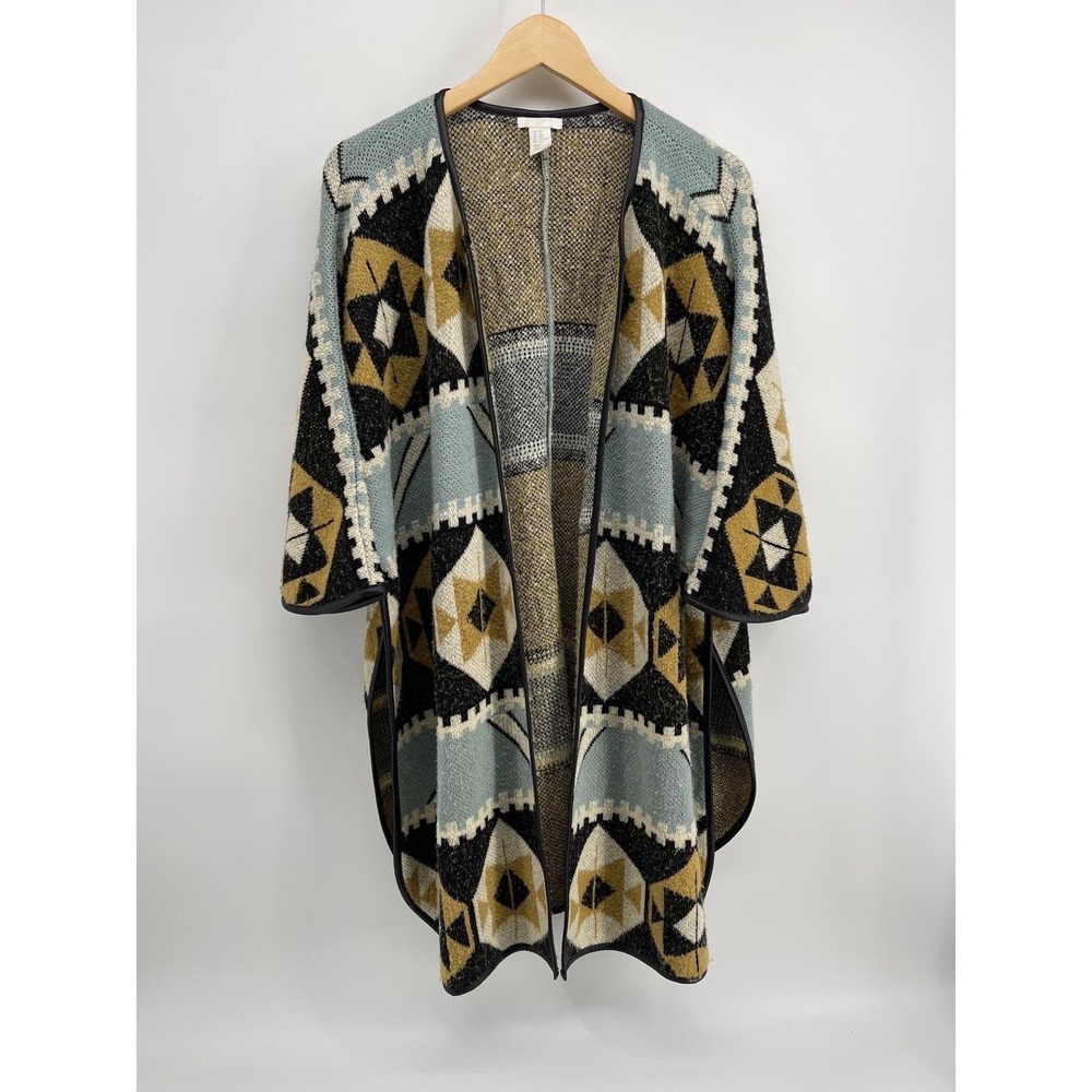 HM Southwestern Geometric Open Front Cardigan Blue Yellow Faux Leather Trim M L